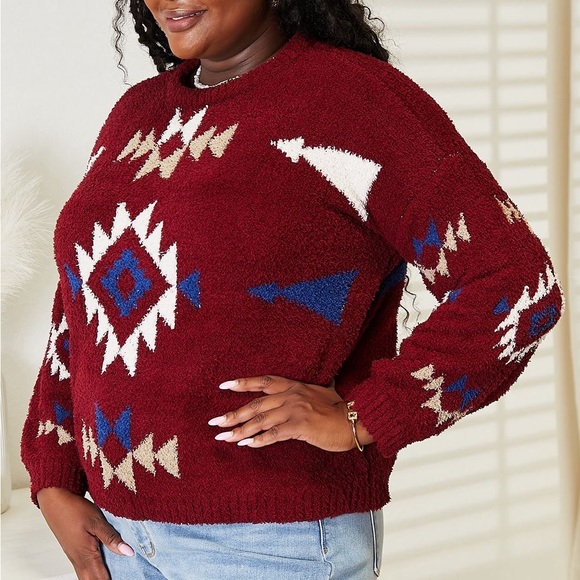 NEW HEYSON Plus Size Southwest Aztec Pattern Soft Fuzzy Sweater in Red Wine - Picture 3 of 4